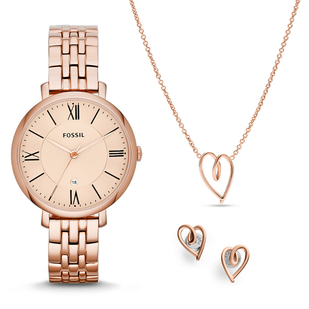 Jacqueline Three Hand Date Rose Gold Tone Stainless Steel Watch and Jewelry Set ES5252SET