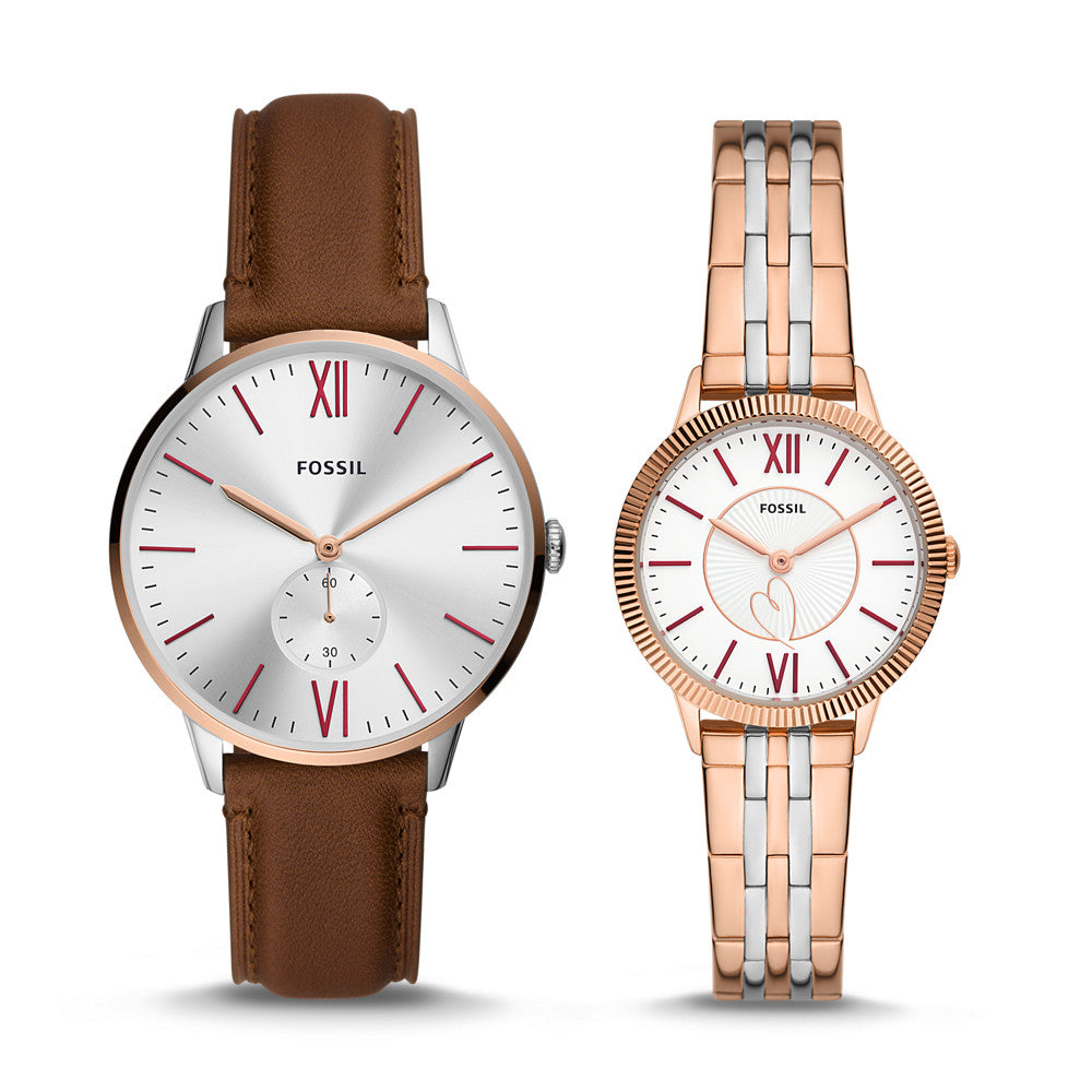 His and Hers Three-Hand Brown Leather and Two-Tone Stainless Steel Watch Set ES5176SET