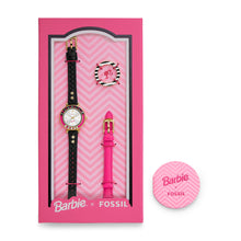 Load image into Gallery viewer, Barbie™ x Fossil Limited Edition Three-Hand Black LiteHide™ Leather Watch and Interchangeable Strap Box Set LE1176SET
